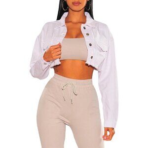 Women's Crop Top Jean Jacket Button Down Long Sleeve Cropped Denim Jacket White